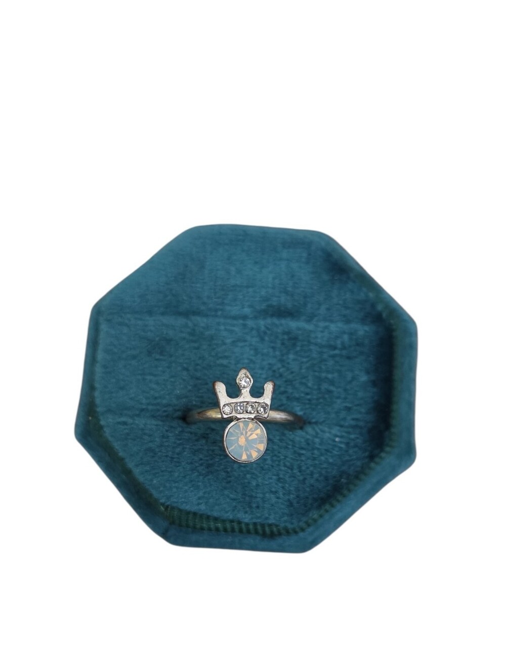 Size 4 Silver Toned Crown Accent Ring with Iridiscent Clear Stone